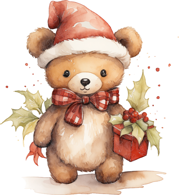 Christmas bear holding a gift with holly, plaid bow, and Santa hat, Grey Barn Handwerk, Saskatchewan.